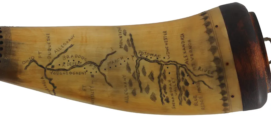 Powder Horn,
12-1/2", scrimshaw verse, 
Potomac river valley map, iron staple