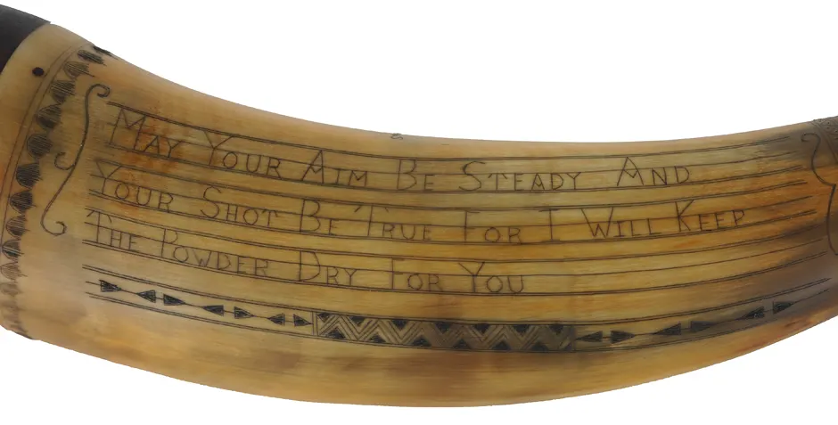 Powder Horn,
12-1/2", scrimshaw verse, 
Potomac river valley map, iron staple