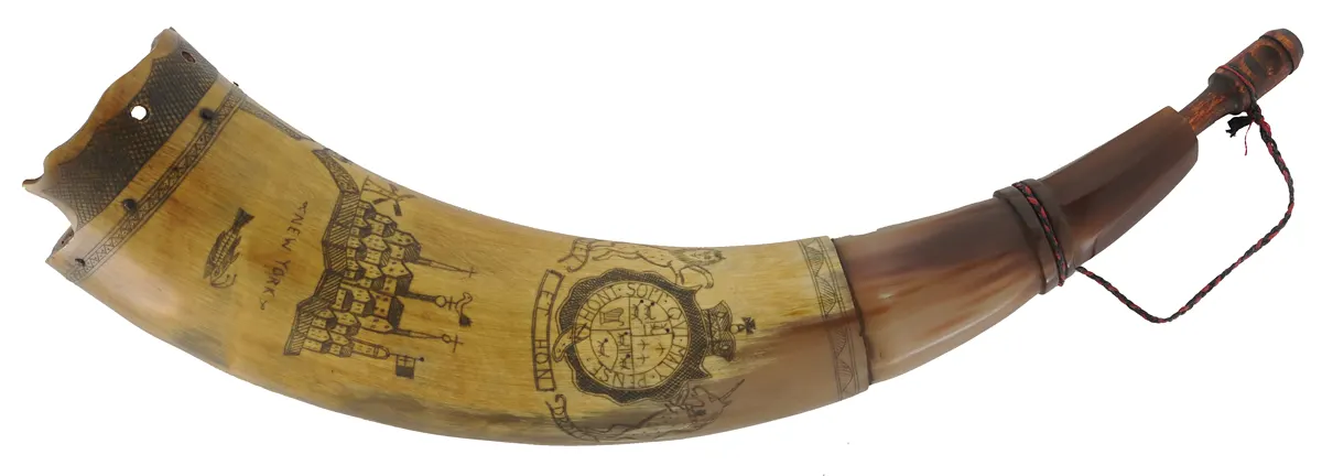 Powder Horn,
11", scrimshaw New York map,
paneled neck, raised lip for strap