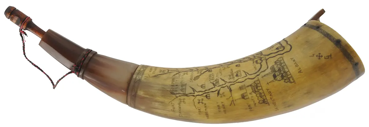 Powder Horn,
11", scrimshaw New York map,
paneled neck, raised lip for strap