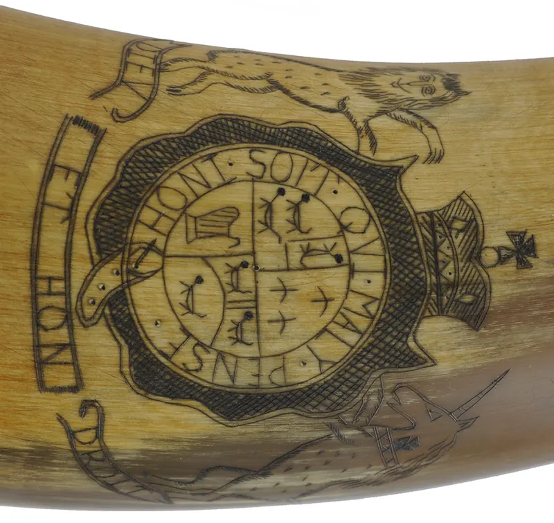 Powder Horn,
11", scrimshaw New York map,
paneled neck, raised lip for strap