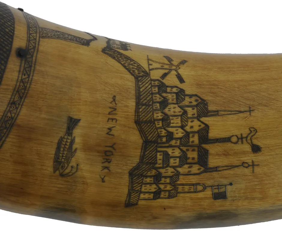 Powder Horn,
11", scrimshaw New York map,
paneled neck, raised lip for strap