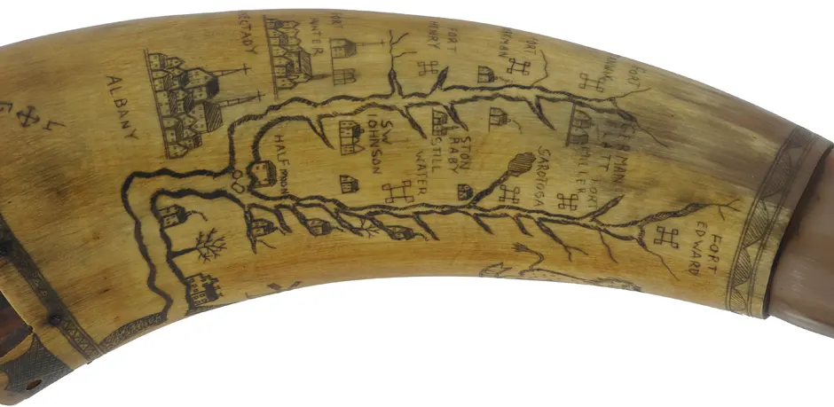 Powder Horn,
11", scrimshaw New York map,
paneled neck, raised lip for strap