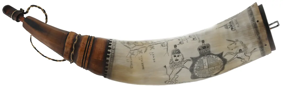 Powder Horn,
12-1/2", scrimshaw New York map,
paneled neck, iron staple