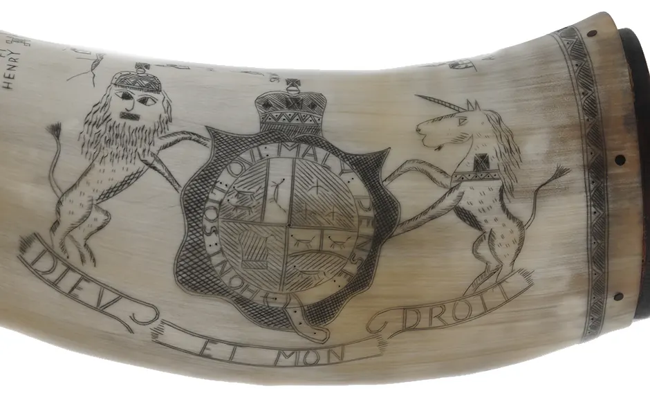 Powder Horn,
12-1/2", scrimshaw New York map,
paneled neck, iron staple