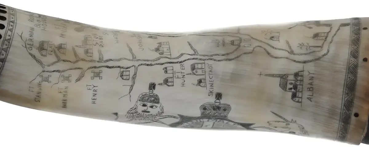 Powder Horn,
12-1/2", scrimshaw New York map,
paneled neck, iron staple