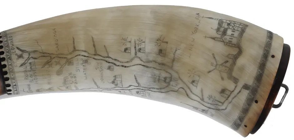 Powder Horn,
12-1/2", scrimshaw New York map,
paneled neck, iron staple