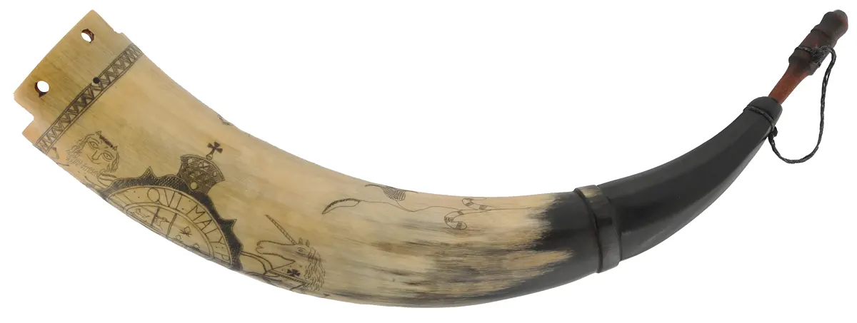 Powder Horn,
12", scrimshaw British Coat of Arms,
Crown Point Fort, raised lip for strap