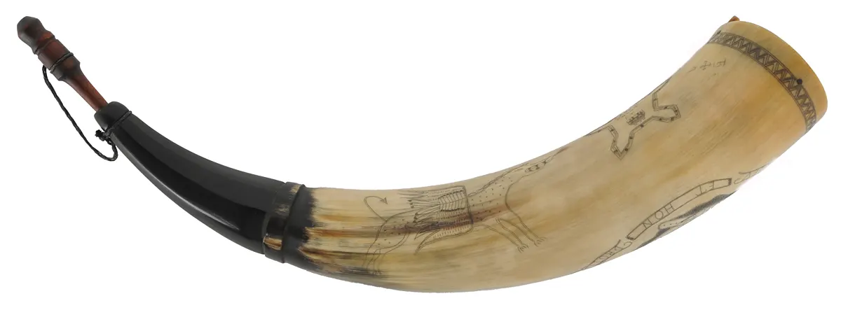 Powder Horn,
12", scrimshaw British Coat of Arms,
Crown Point Fort, raised lip for strap