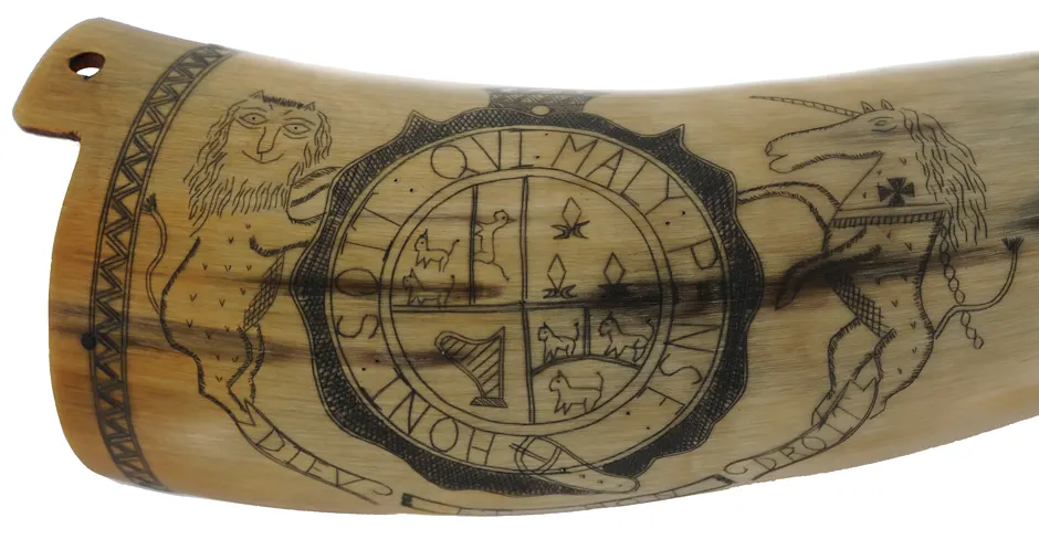 Powder Horn,
12", scrimshaw British Coat of Arms,
Crown Point Fort, raised lip for strap