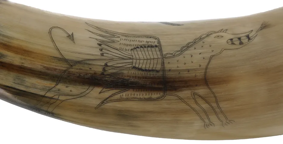 Powder Horn,
12", scrimshaw British Coat of Arms,
Crown Point Fort, raised lip for strap