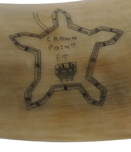 Powder Horn,
12", scrimshaw British Coat of Arms,
Crown Point Fort, raised lip for strap