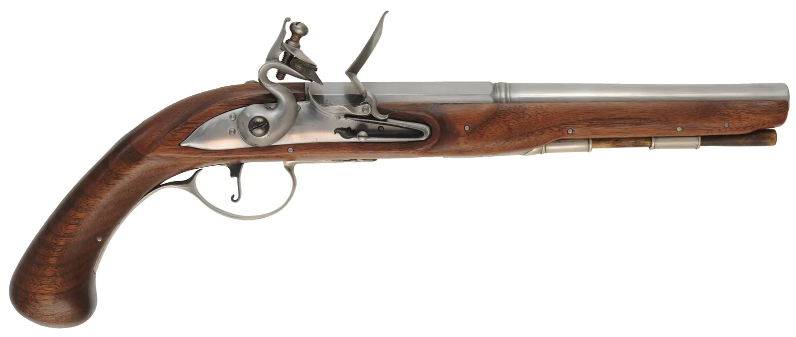 English Flint Pistol,
.50 caliber rifled, 10" octagon-to-round barrel,
small Queen Anne flint lock, re-enforced walnut, nickel silver,
used, by noted pistol maker Kenneth Lincavage