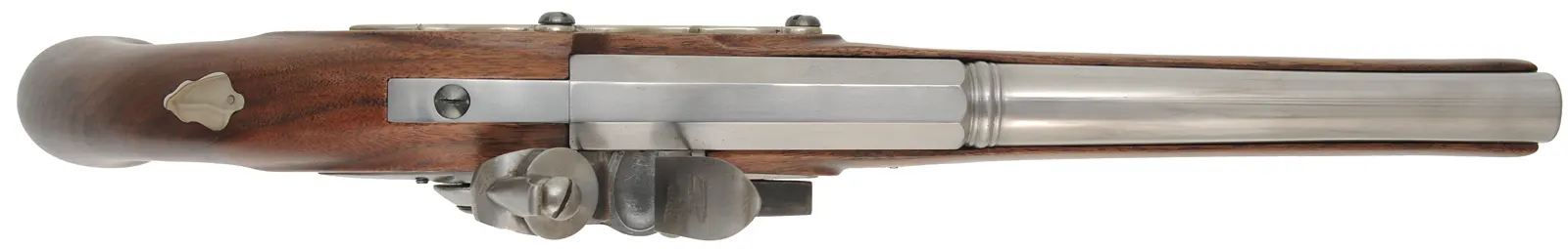 English Flint Pistol,
.50 caliber rifled, 10" octagon-to-round barrel,
small Queen Anne flint lock, re-enforced walnut, nickel silver,
used, by noted pistol maker Kenneth Lincavage