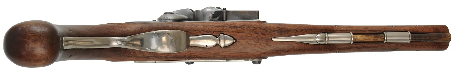 English Flint Pistol,
.50 caliber rifled, 10" octagon-to-round barrel,
small Queen Anne flint lock, re-enforced walnut, nickel silver,
used, by noted pistol maker Kenneth Lincavage