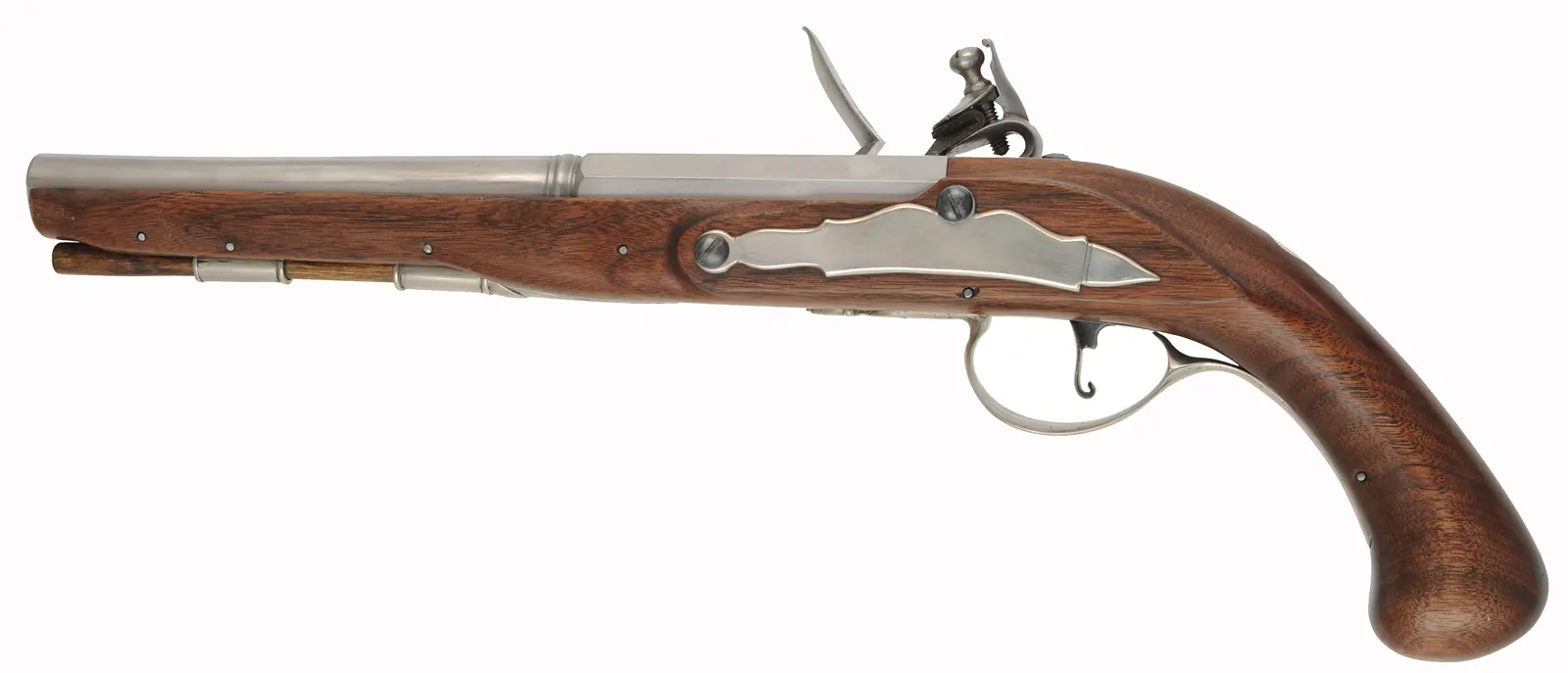 English Flint Pistol,
.50 caliber rifled, 10" octagon-to-round barrel,
small Queen Anne flint lock, re-enforced walnut, nickel silver,
used, by noted pistol maker Kenneth Lincavage