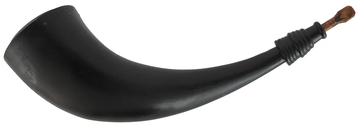 Buffalo Powder Horn, 
13-3/4", turned horn tip, iron staple,
by Scott & Cathy Sibley