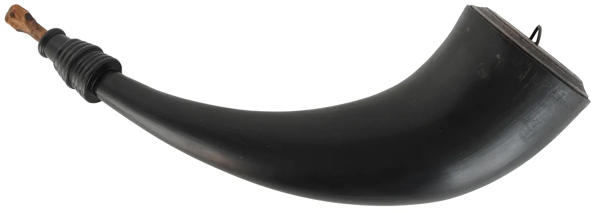 Buffalo Powder Horn, 
13-3/4", turned horn tip, iron staple,
by Scott & Cathy Sibley