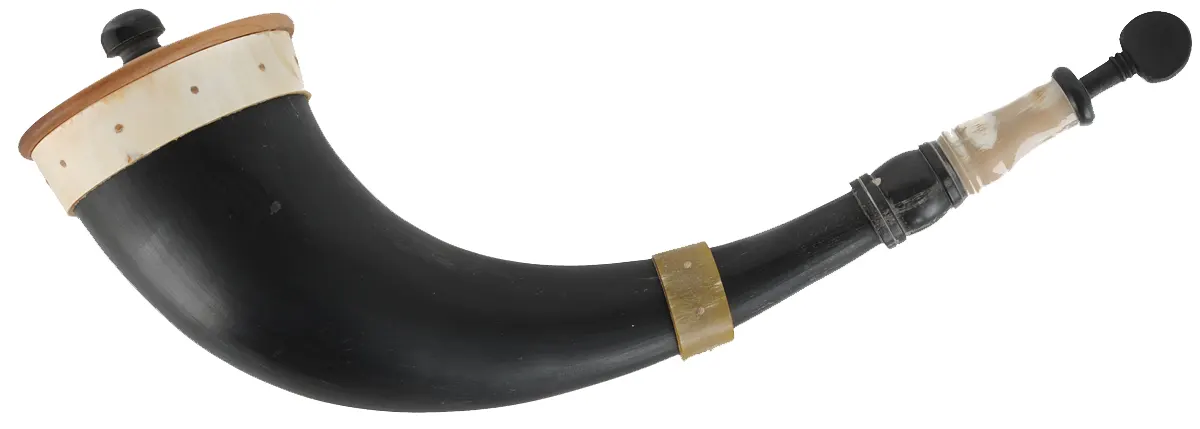 Buffalo Powder Horn, 
13-3/4", turned horn tip, horn bands,
horn overlay on base, by Scott & Cathy Sibley