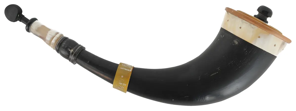 Buffalo Powder Horn, 
13-3/4", turned horn tip, horn bands,
horn overlay on base, by Scott & Cathy Sibley