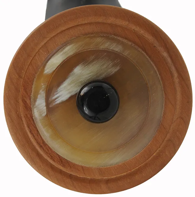 Buffalo Powder Horn, 
13-3/4", turned horn tip, horn bands,
horn overlay on base, by Scott & Cathy Sibley