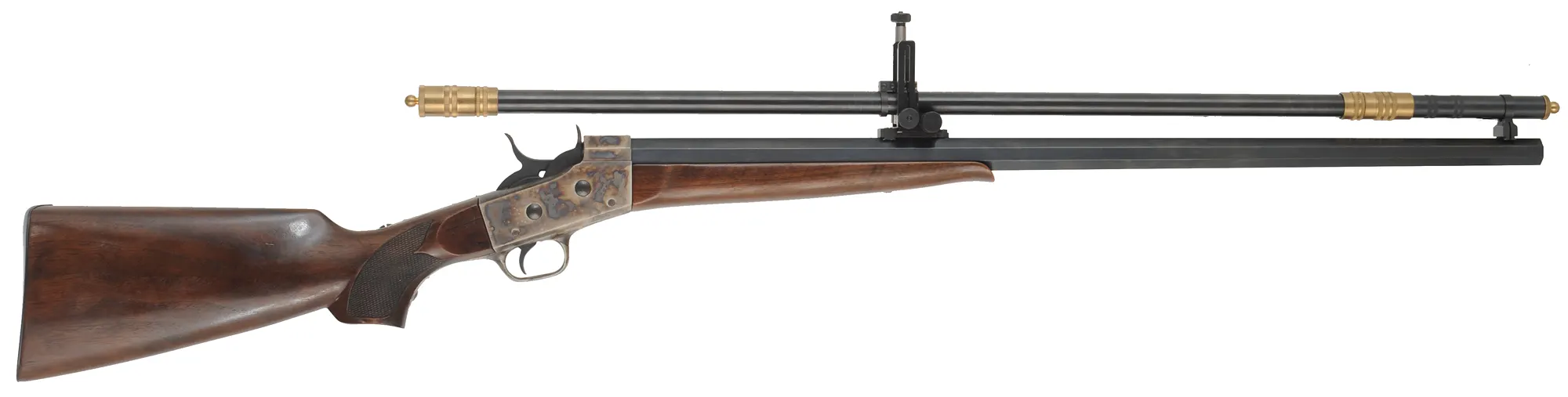 Rolling Block Rifle,
caliber .45-70 Government,  30" octagon barrel,
checkered walnut, repaired wrist, pistol grip, Malcolm telescope,
used, by Davide Pedersoli & Co.