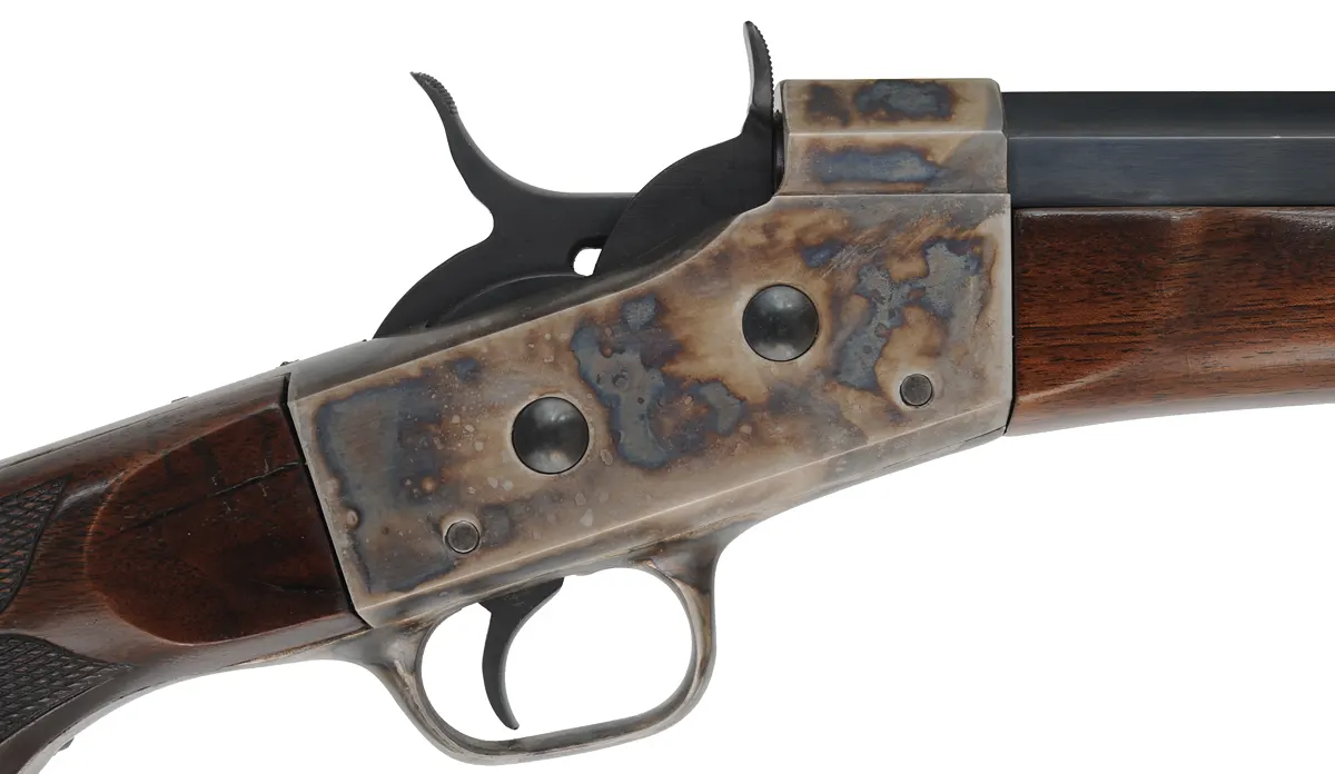 Rolling Block Rifle,
caliber .45-70 Government,  30" octagon barrel,
checkered walnut, repaired wrist, pistol grip, Malcolm telescope,
used, by Davide Pedersoli & Co.