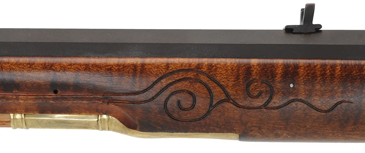 Virginia Longrifle,
.50 caliber, 38" Rice swamped barrel, 
Chambers flintlock, curly maple, engraved brass,
signed by J. Bohan