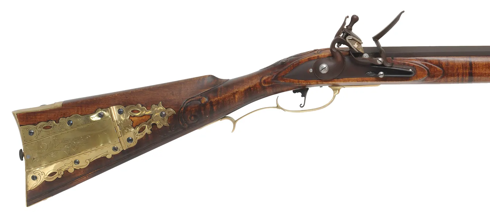 Virginia Longrifle,
.50 caliber, 38" Rice swamped barrel, 
Chambers flintlock, curly maple, engraved brass,
signed by J. Bohan