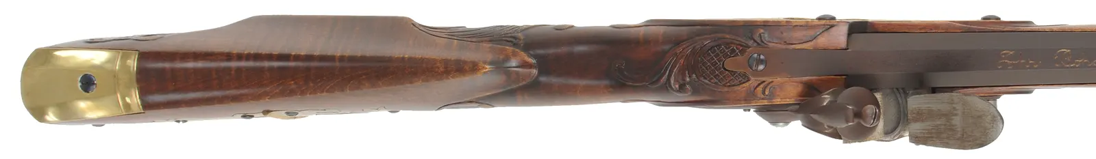 Virginia Longrifle,
.50 caliber, 38" Rice swamped barrel, 
Chambers flintlock, curly maple, engraved brass,
signed by J. Bohan