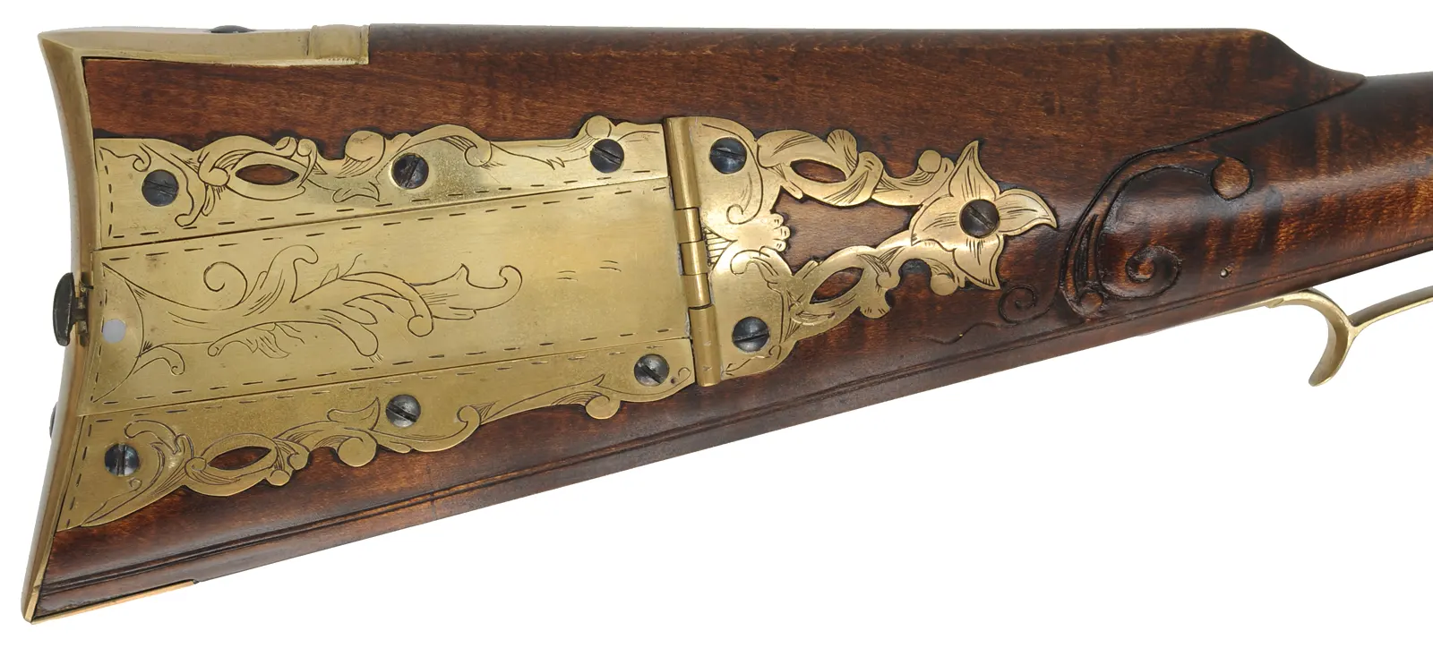 Virginia Longrifle,
.50 caliber, 38" Rice swamped barrel, 
Chambers flintlock, curly maple, engraved brass,
signed by J. Bohan