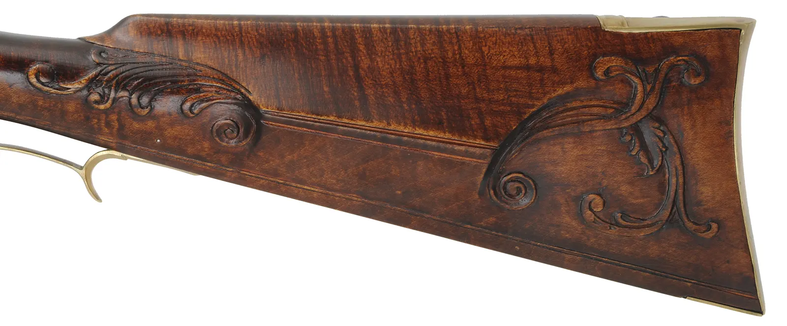 Virginia Longrifle,
.50 caliber, 38" Rice swamped barrel, 
Chambers flintlock, curly maple, engraved brass,
signed by J. Bohan