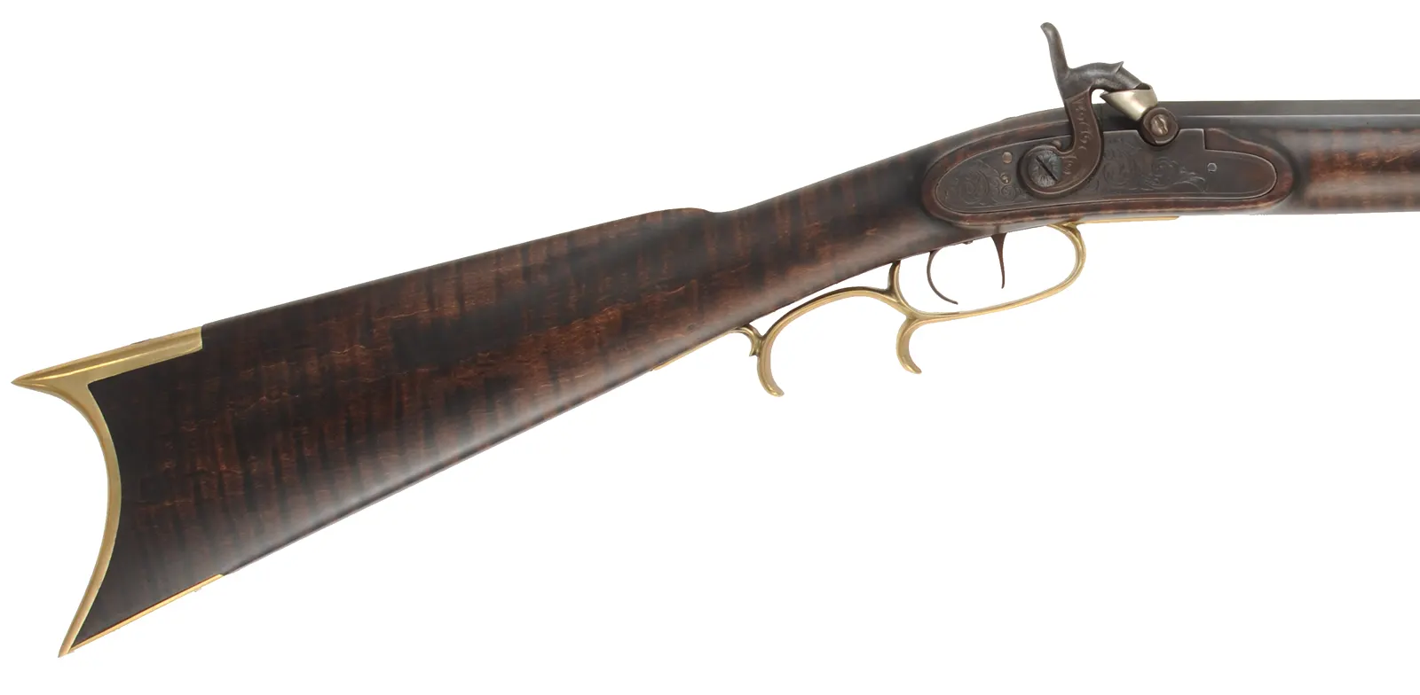 Ohio Half Stock Rifle
.45 caliber, 36" Green Mountain barrel,
curly maple, brass trim, nickel silver accents,
used, attributed to L. Davis