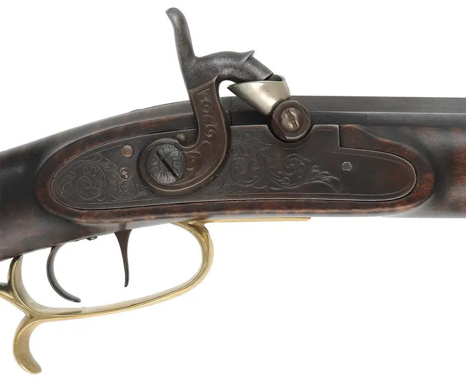 Ohio Half Stock Rifle
.45 caliber, 36" Green Mountain barrel,
curly maple, brass trim, nickel silver accents,
used, attributed to L. Davis