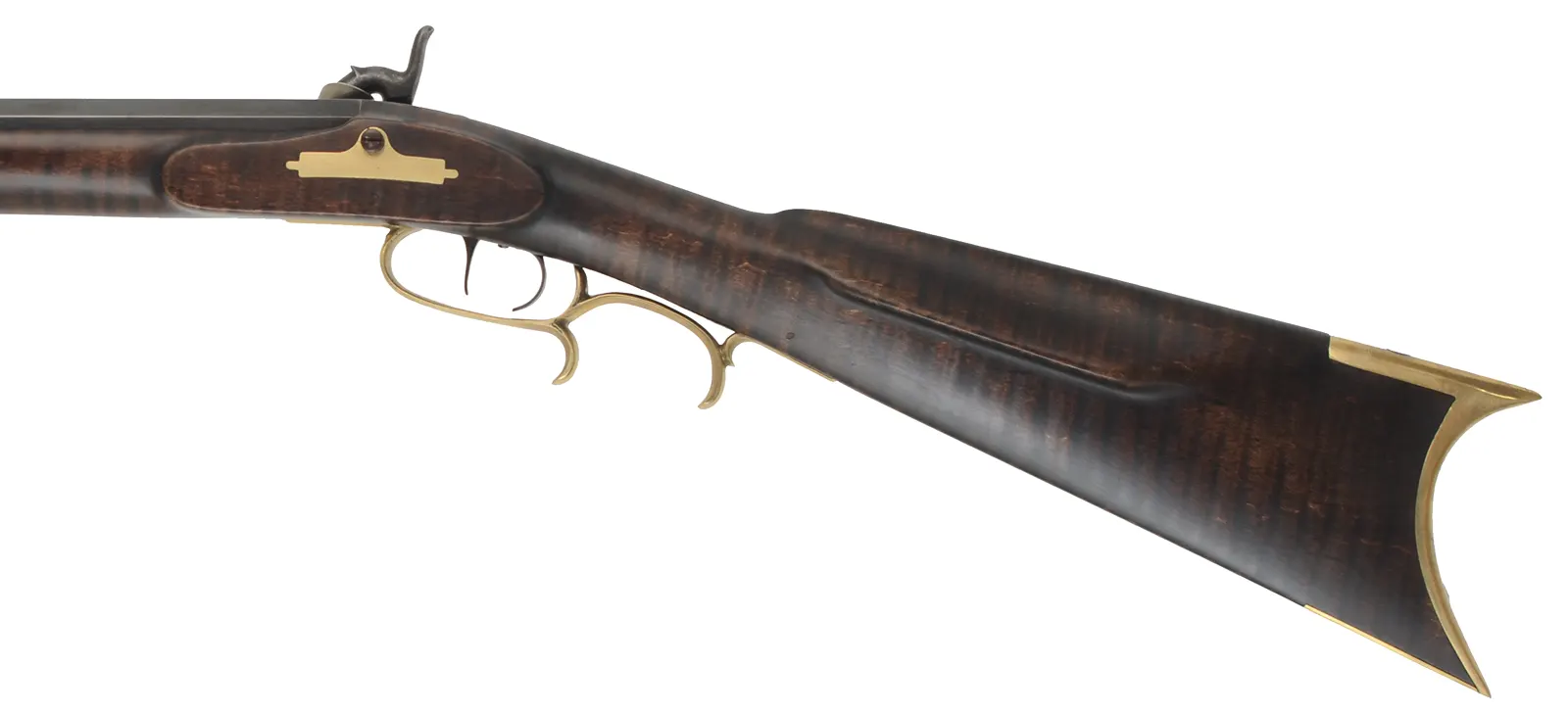 Ohio Half Stock Rifle
.45 caliber, 36" Green Mountain barrel,
curly maple, brass trim, nickel silver accents,
used, attributed to L. Davis