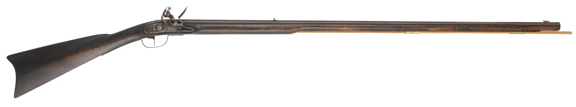 Pennsylvania Barn Rifle
.40 caliber, 42" Rice swamped barrel,
Chambers' flintlock, maple, limited brass & iron trim, 
used, signed by J. Alford