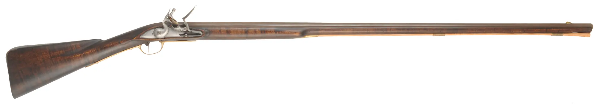 American Fowling Gun,
20 gauge, 44" octagon-to-round barrel,
Chambers' round faced English fowler flintlock,
dark stained maple, brass & iron trim,
used, signed by J. Alford