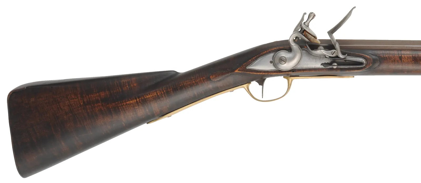 American Fowling Gun,
20 gauge, 44" octagon-to-round barrel,
Chambers' round faced English fowler flintlock,
dark stained maple, brass & iron trim,
used, signed by J. Alford