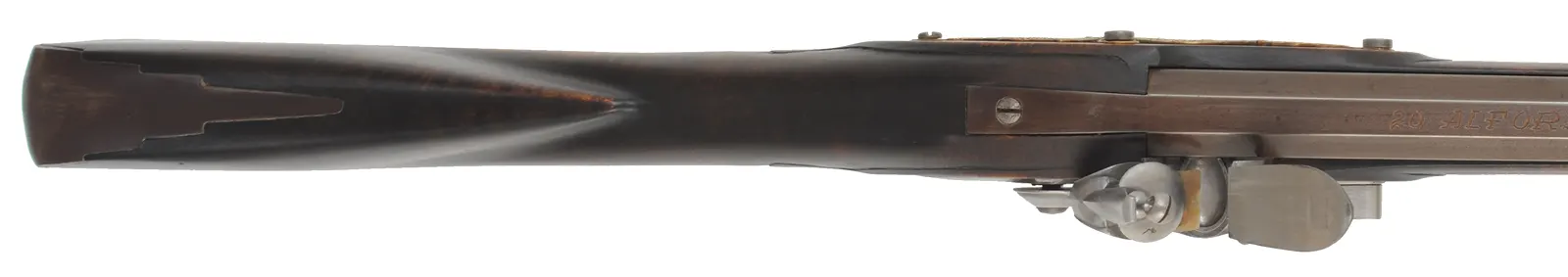 American Fowling Gun,
20 gauge, 44" octagon-to-round barrel,
Chambers' round faced English fowler flintlock,
dark stained maple, brass & iron trim,
used, signed by J. Alford