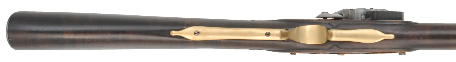 American Fowling Gun,
20 gauge, 44" octagon-to-round barrel,
Chambers' round faced English fowler flintlock,
dark stained maple, brass & iron trim,
used, signed by J. Alford