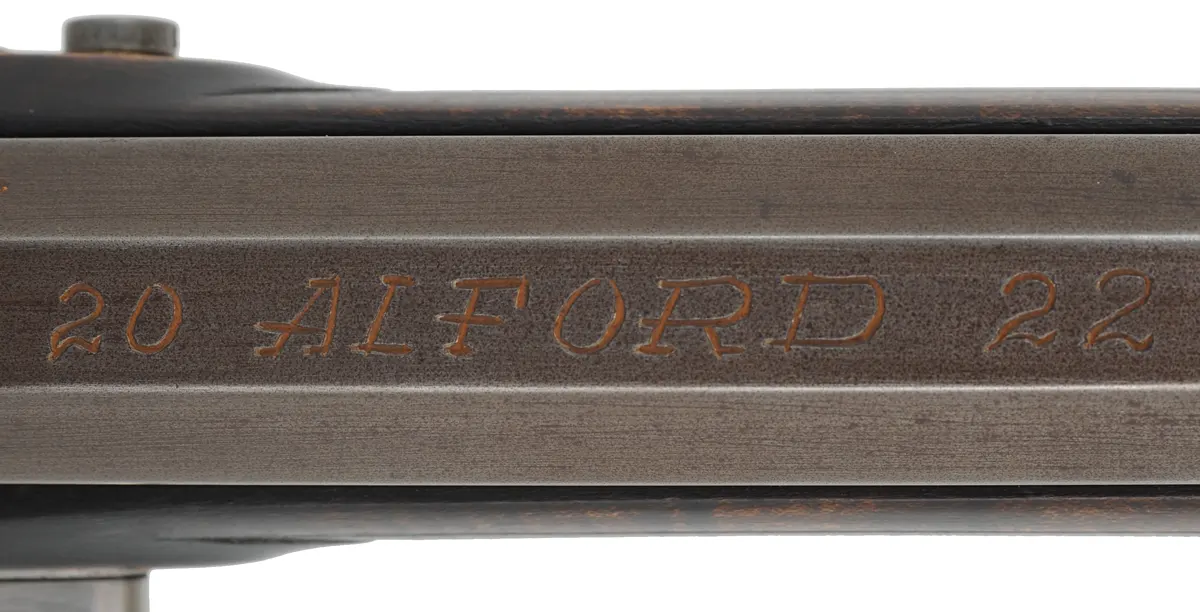 American Fowling Gun,
20 gauge, 44" octagon-to-round barrel,
Chambers' round faced English fowler flintlock,
dark stained maple, brass & iron trim,
used, signed by J. Alford