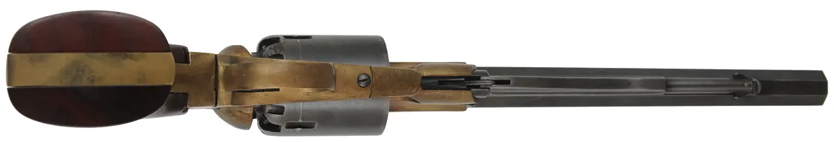 1858 Remington New Model Army Revolver,
.44 caliber, 8" barrel,
percussion, brass frame, walnut grips,
assembled from a kit by C.V.A.