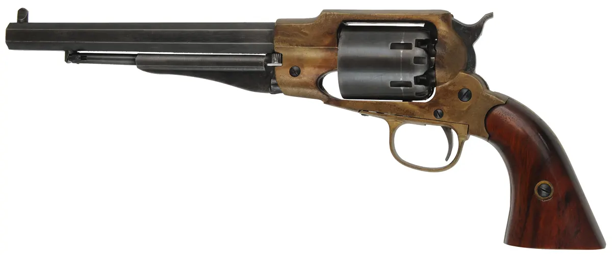 1858 Remington New Model Army Revolver,
.44 caliber, 8" barrel,
percussion, brass frame, walnut grips,
assembled from a kit by C.V.A.