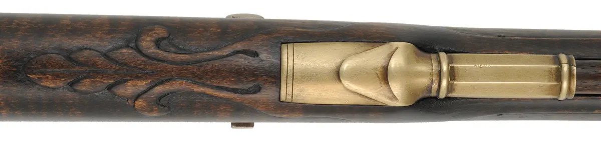 Jacob Dickert, Lancaster County, Pennsylvania Longrifle,
.50 caliber, 46" Rice swamped octagon barrel,
Chambers flintlock, maple, engraved brass trim,
peep sight, used, signed by R. Grunkemeyer