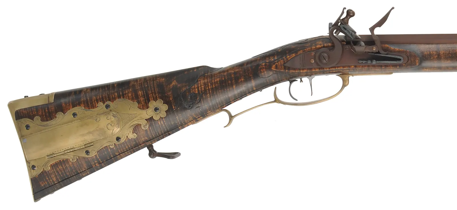 Jacob Dickert, Lancaster County, Pennsylvania Longrifle,
.50 caliber, 46" Rice swamped octagon barrel,
Chambers flintlock, maple, engraved brass trim,
peep sight, used, signed by R. Grunkemeyer