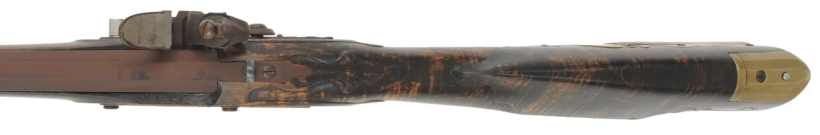 Jacob Dickert, Lancaster County, Pennsylvania Longrifle,
.50 caliber, 46" Rice swamped octagon barrel,
Chambers flintlock, maple, engraved brass trim,
peep sight, used, signed by R. Grunkemeyer