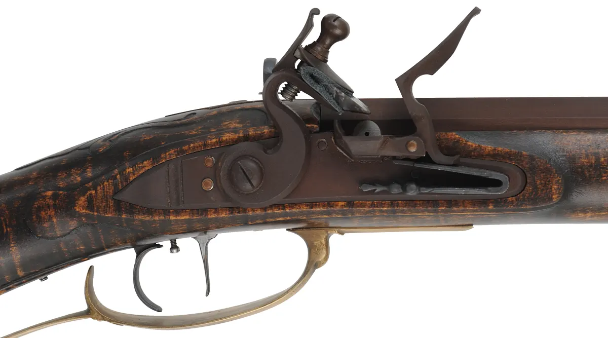 Jacob Dickert, Lancaster County, Pennsylvania Longrifle,
.50 caliber, 46" Rice swamped octagon barrel,
Chambers flintlock, maple, engraved brass trim,
peep sight, used, signed by R. Grunkemeyer