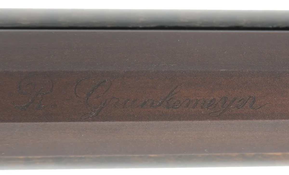 Jacob Dickert, Lancaster County, Pennsylvania Longrifle,
.50 caliber, 46" Rice swamped octagon barrel,
Chambers flintlock, maple, engraved brass trim,
peep sight, used, signed by R. Grunkemeyer