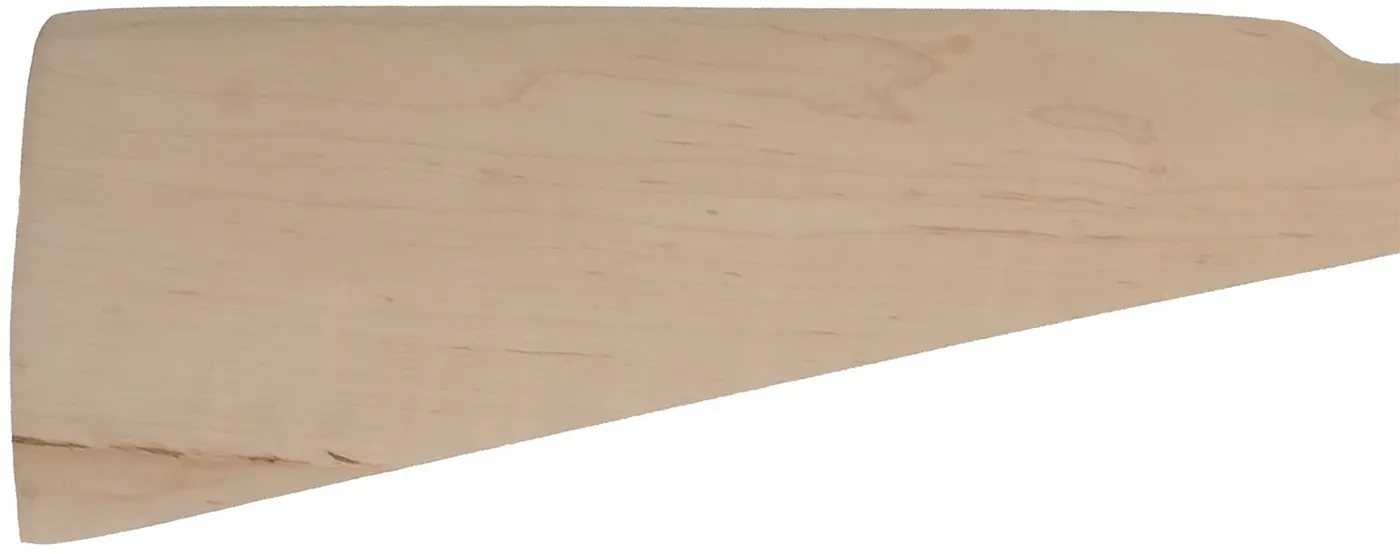 Stock second, Classic Tennessee, pre shaped, non-inlet
13/16" octagon, 42" barrel, plain maple, bark inclusion on buttstock, knot on forearm