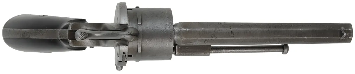 System LeFauchuex Pin Fire Revolver,
caliber 9mm pin fire, 4-3/4" barrel,
broom handle, double action, Belgian proof marks